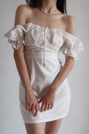 Vintage French Court Style White Dress with Puff Sleeves, Square Neck, One-Shoulder Tie, Waist-Cinched, Open Back, Short Skirt for Vacation