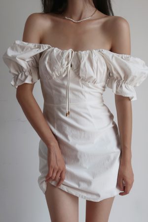 Vintage French Court Style White Dress with Puff Sleeves, Square Neck, One-Shoulder Tie, Waist-Cinched, Open Back, Short Skirt for Vacation