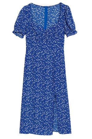 Vintage French Floral Cottage Dress with Square Neck, Pleated Design, Puff Sleeves, and Side Slit - Perfect for Y2K and 90s Style