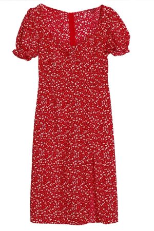 Vintage French Floral Cottage Dress with Square Neck, Pleated Design, Puff Sleeves, and Side Slit - Perfect for Y2K and 90s Style