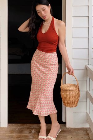 Vintage French Floral Printed High-Waisted A-Line Short Skirt with Mermaid Hem - Y2K Inspired Fashion