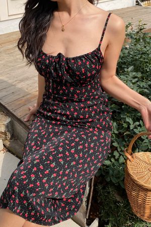 Vintage French Floral Spaghetti Strap Dress - Slim Elegant Long Dress with Waist-Cinching Design, Perfect for Y2K and Summer Styles