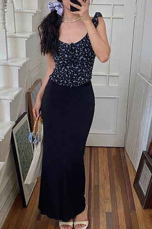 Vintage French Floral Tank Top for Women - Slim-Fit, Ruffled Design, Waist-Cinching, Y2K Style