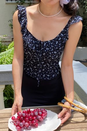 Vintage French Floral Tank Top for Women - Slim-Fit, Ruffled Design, Waist-Cinching, Y2K Style