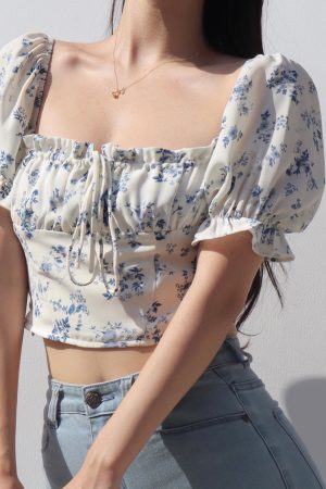 Vintage French Floral Tie Bow One-Shoulder Puff Sleeve Short Shirt for Women - Slim Fit Square Neck Y2K Style