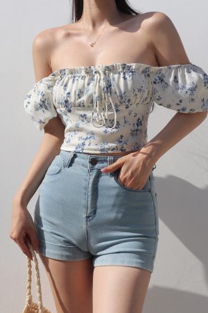 Vintage French Floral Tie Bow One-Shoulder Puff Sleeve Short Shirt for Women - Slim Fit Square Neck Y2K Style