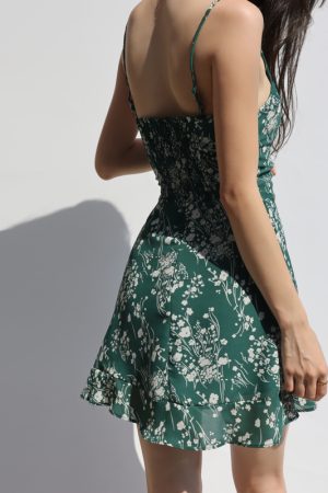 Vintage French Floral V-Neck Dress in Green with Thin Straps, Fitted Ruffled Hem, Short Design - Perfect for Summer and 90s Style