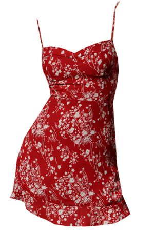 Vintage French Floral V-Neck Dress with Ruffles - Red Spaghetti Strap Slimming Vacation Short Dress for Summer Style