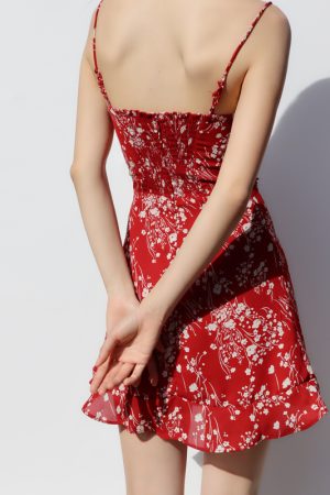 Vintage French Floral V-Neck Dress with Ruffles - Red Spaghetti Strap Slimming Vacation Short Dress for Summer Style