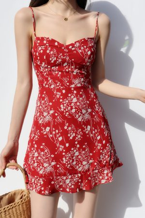 Vintage French Floral V-Neck Dress with Ruffles - Red Spaghetti Strap Slimming Vacation Short Dress for Summer Style