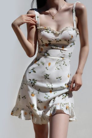 Vintage French Fresh Girl Summer Lemon Slim-Fit Tie-Waist Short Vacation Dress