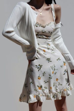 Vintage French Fresh Girl Summer Lemon Slim-Fit Tie-Waist Short Vacation Dress