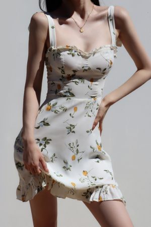 Vintage French Fresh Girl Summer Lemon Slim-Fit Tie-Waist Short Vacation Dress