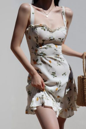 Vintage French Fresh Girl Summer Lemon Slim-Fit Tie-Waist Short Vacation Dress