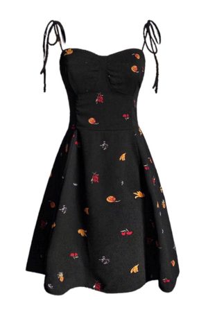 Vintage French Fruit Print A-Line Slip Dress - Waist-Cinching Short Skirt for Spring/Summer 2025 - Chic 90s Inspired Style