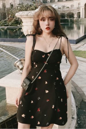 Vintage French Fruit Print A-Line Slip Dress - Waist-Cinching Short Skirt for Spring/Summer 2025 - Chic 90s Inspired Style