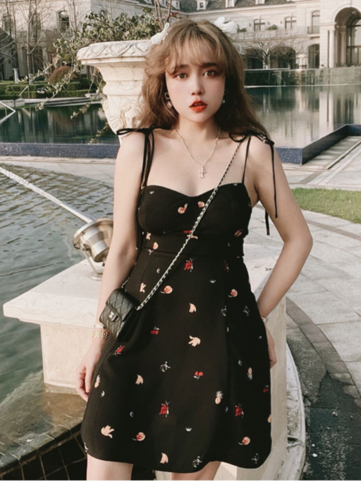 Vintage French Fruit Print A-Line Slip Dress - Waist-Cinching Short Skirt for Spring/Summer 2025 - Chic 90s Inspired Style Vintage French Fruit Print A-Line Slip Dress - Waist-Cinching Short Skirt for Spring/Summer 2025 - Chic 90s Inspired Style