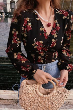 Vintage French Grape Print V-Neck Puff Sleeve Oversized Slimming Shirt Top - DIY 90s Inspired Fashion