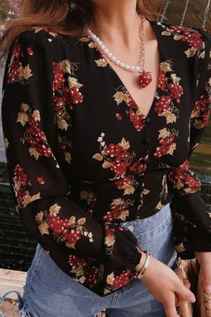 Vintage French Grape Print V-Neck Puff Sleeve Oversized Slimming Shirt Top - DIY 90s Inspired Fashion