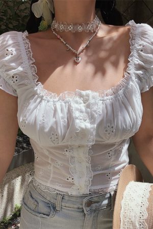 Vintage French Handmade White Puff Sleeve Top with Exquisite Embroidery - Perfect for Vacation and Summer Outings