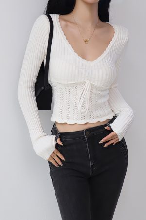 Vintage French Hollow Square Neck Long Sleeve Knitted Sweater with Drawstring Waist - Versatile Slimming Pullover Outerwear for Girls