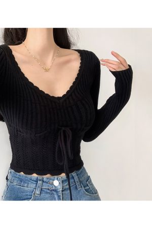 Vintage French Hollow Square Neck Long Sleeve Knitted Sweater with Drawstring Waist - Versatile Slimming Pullover Outerwear for Girls