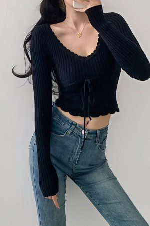 Vintage French Hollow Square Neck Long Sleeve Knitted Sweater with Drawstring Waist - Versatile Slimming Pullover Outerwear for Girls