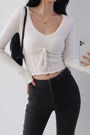 Vintage French Hollow Square Neck Long Sleeve Knitted Sweater with Drawstring Waist - Versatile Slimming Pullover Outerwear for Girls