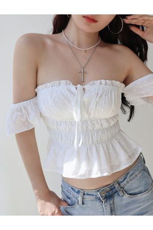 Vintage French One-Shoulder Flowy Sleeve Blouse - White Fairy Shirt for Vacation, Tied Design, Perfect for Y2K and Boho Styles