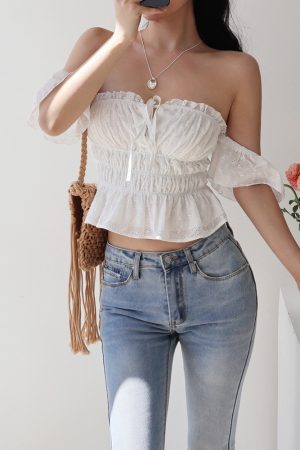 Vintage French One-Shoulder Flowy Sleeve Blouse - White Fairy Shirt for Vacation, Tied Design, Perfect for Y2K and Boho Styles