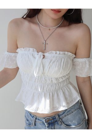 Vintage French One-Shoulder Flowy Sleeve Blouse - White Fairy Shirt for Vacation, Tied Design, Perfect for Y2K and Boho Styles