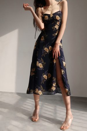 Vintage French Orange Floral Spaghetti Strap Dress with Tie Waist, Slimming Side Slit, Knee-Length Mid Skirt - Y2K Style