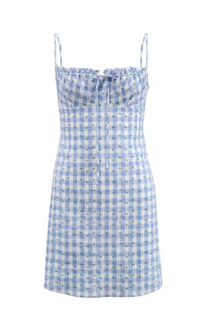 Vintage French Plaid Camisole Dress with Waist-Cinching Short Skirt - Chic Summer Style for a Feminine Look