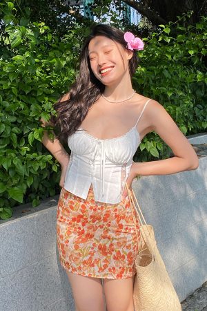 Vintage French Printed A-Line High-Waisted Bodycon Short Skirt with Built-In Safety Shorts - Chic Y2K Style