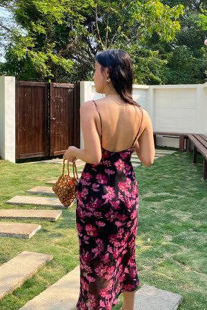 Vintage French Printed Camisole Dress for Women, Sexy Slim Fit Backless Long Dress, Perfect for Summer and Y2K Style