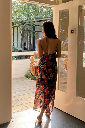 Vintage French Printed Camisole Dress for Women, Sexy Slim Fit, Split Long Skirt, Chic Summer Fashion, Boho Style