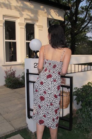 Vintage French Printed Camisole Dress for Women, Sexy Slim Fit with Split Long Skirt, Bohemian Style, Summer Fashion