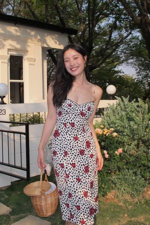 Vintage French Printed Camisole Dress for Women, Sexy Slim Fit with Split Long Skirt, Bohemian Style, Summer Fashion