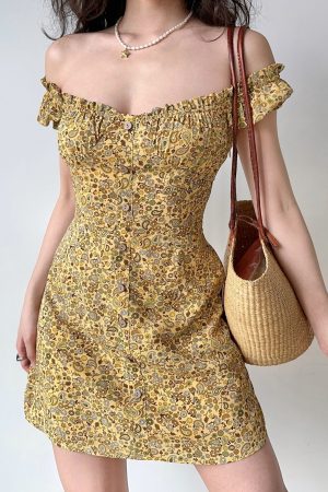 Vintage French Puff Sleeve Floral Dress for Women - A-Line Short Skirt, Square Neck, Perfect for Y2K and Retro Style