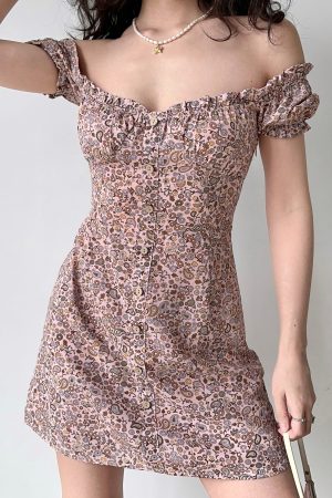 Vintage French Puff Sleeve Floral Dress for Women - A-Line Short Skirt, Square Neck, Perfect for Y2K and Retro Style