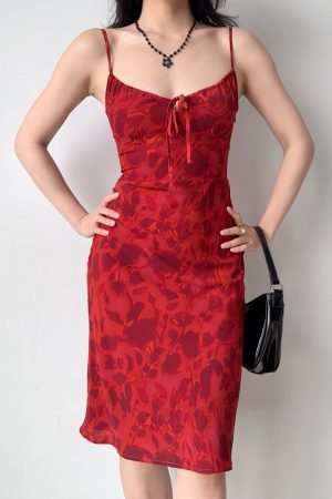 Vintage French Red Printed Cami Dress - Mid-Length Summer Vacation Dress for Women - Trendy 90s Inspired Style