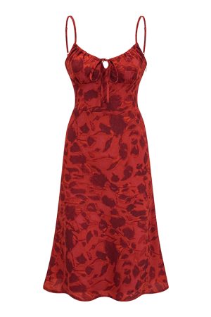 Vintage French Red Printed Cami Dress - Mid-Length Summer Vacation Dress for Women - Trendy 90s Inspired Style