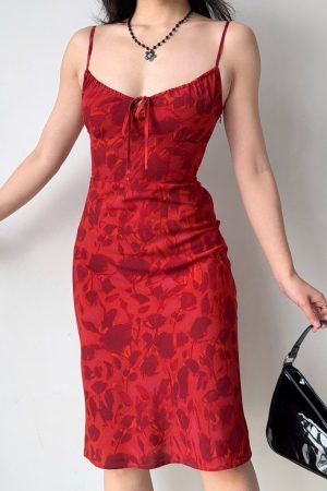 Vintage French Red Printed Cami Dress - Mid-Length Summer Vacation Dress for Women - Trendy 90s Inspired Style