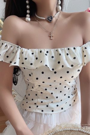 Vintage French Ruffled Large Square Collar Polka Dot Blouse - Handmade Spring/Summer 2025 Vacation Style