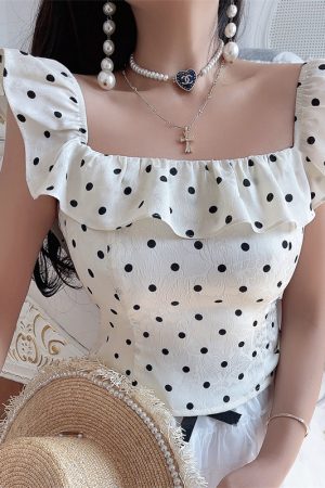 Vintage French Ruffled Large Square Collar Polka Dot Blouse - Handmade Spring/Summer 2025 Vacation Style