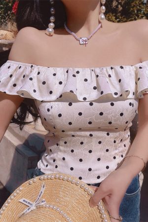 Vintage French Ruffled Large Square Collar Polka Dot Blouse - Handmade Spring/Summer 2025 Vacation Style