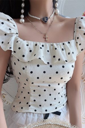 Vintage French Ruffled Large Square Collar Polka Dot Blouse - Handmade Spring/Summer 2025 Vacation Style