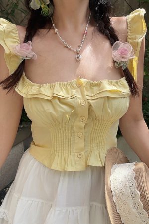 Vintage French Ruffled Sleeveless Shirt with Large Square Collar - Handmade Spring/Summer 2025 Vacation Top for Women