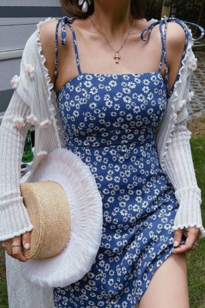 Vintage French Square Neck Tie Blue Floral Slip Dress - 2022 Spring/Summer Vacation Style, Perfect for Y2K and 90s Inspired Looks