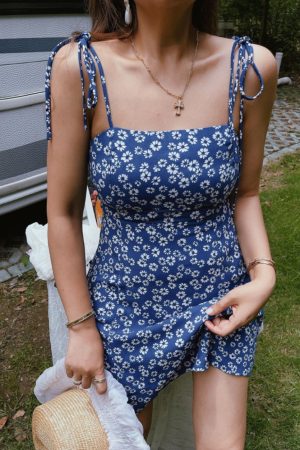 Vintage French Square Neck Tie Blue Floral Slip Dress - 2022 Spring/Summer Vacation Style, Perfect for Y2K and 90s Inspired Looks
